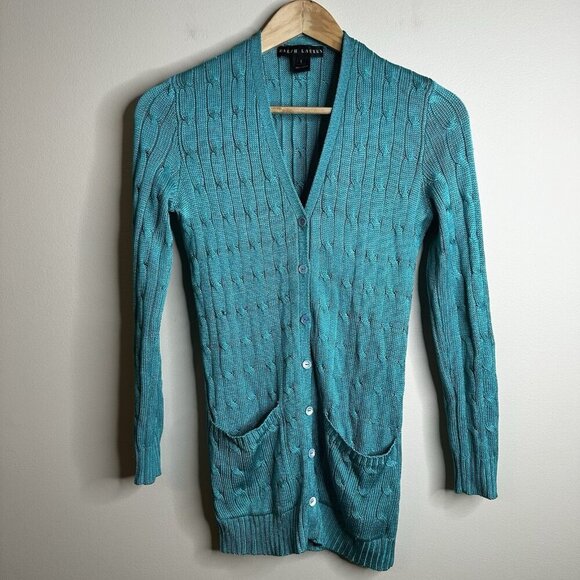 RALPH Lauren Black Label 100% silk Green Blue Cable Knit V Neck Cardigan Small - Picture 1 of 13